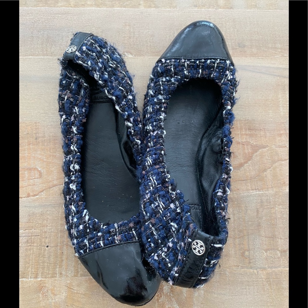 Tory Burch patterned ballet flats shoes tweed navy black